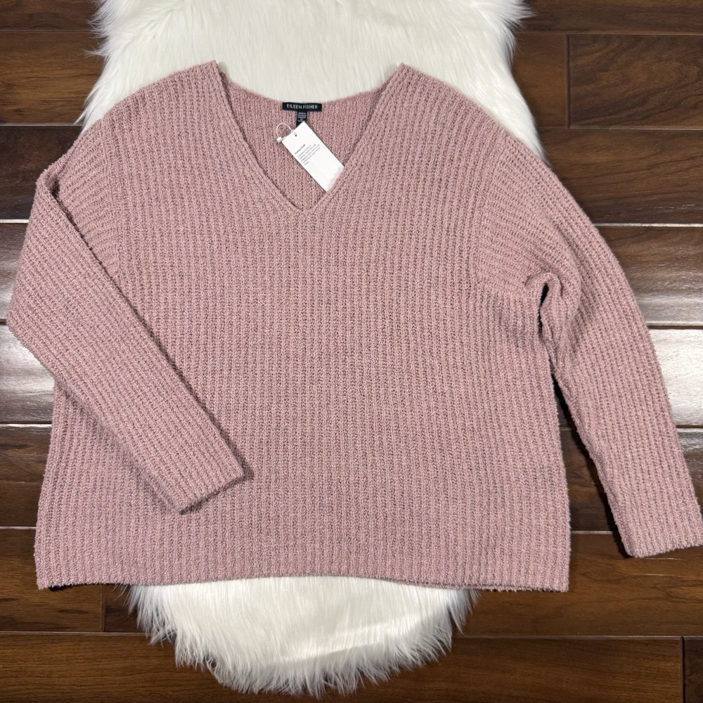 Eileen Fisher Womens Size Large Organic Cotton Fluff V Neck Sweater Top Cashmere